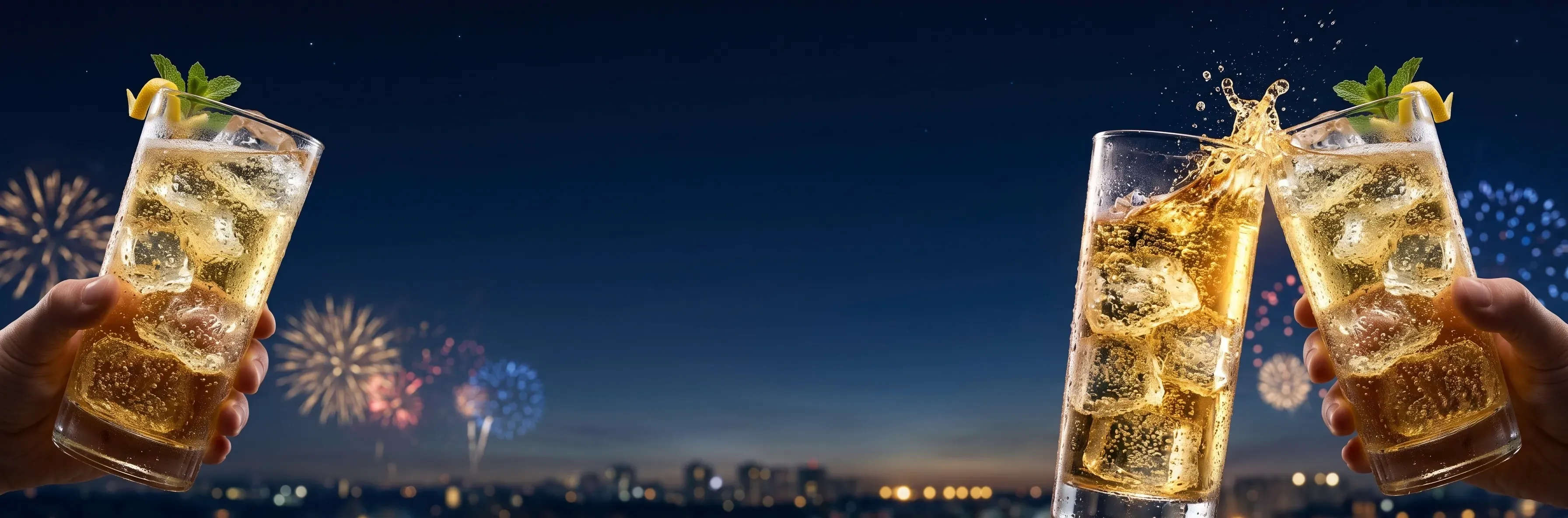 夏の夜空の下で乾杯するハイボールのグラス