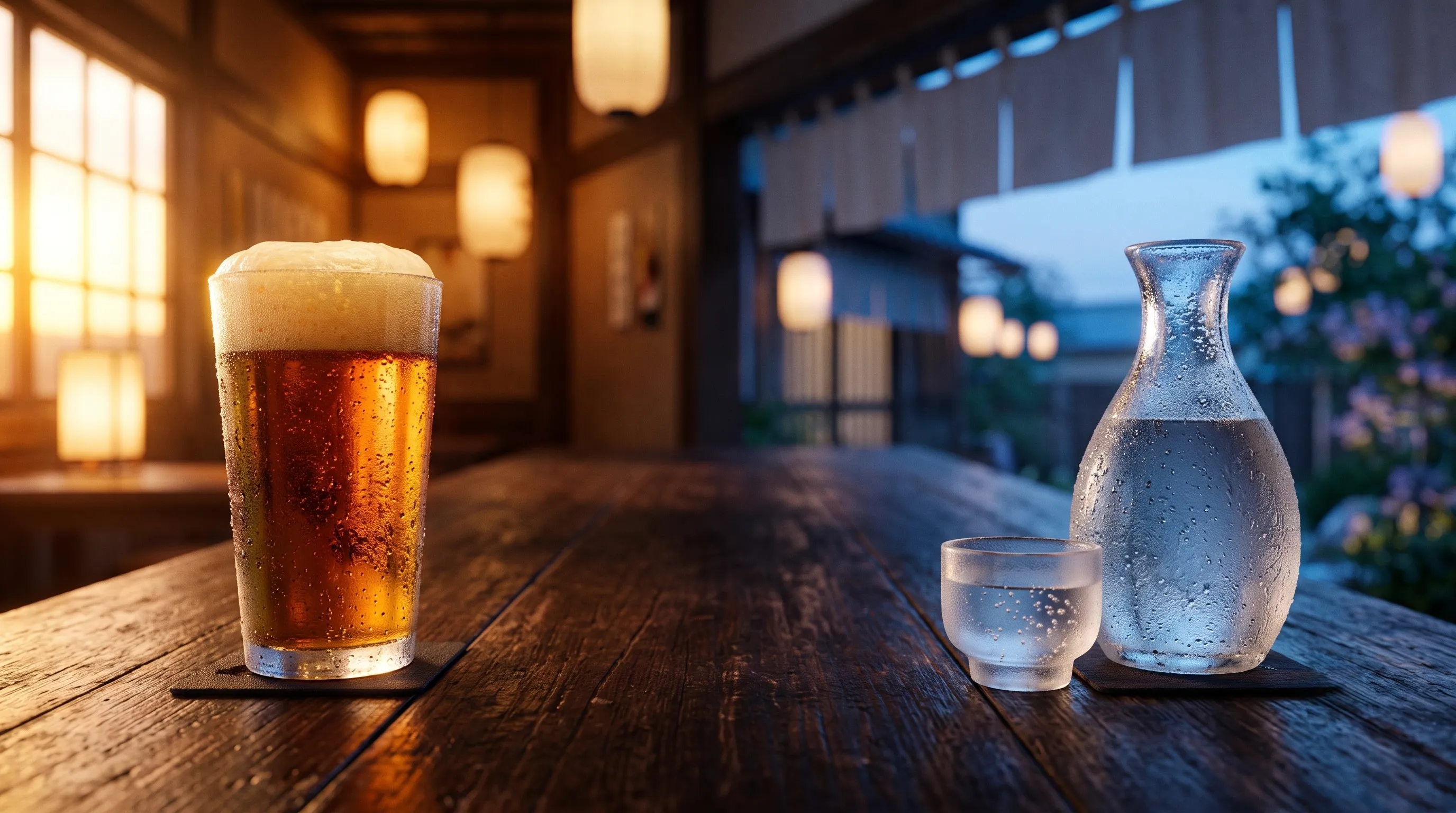 琥珀色に輝くクラフトビールと、涼やかな青みをまとった冷酒。夏の2つの乾杯シーン