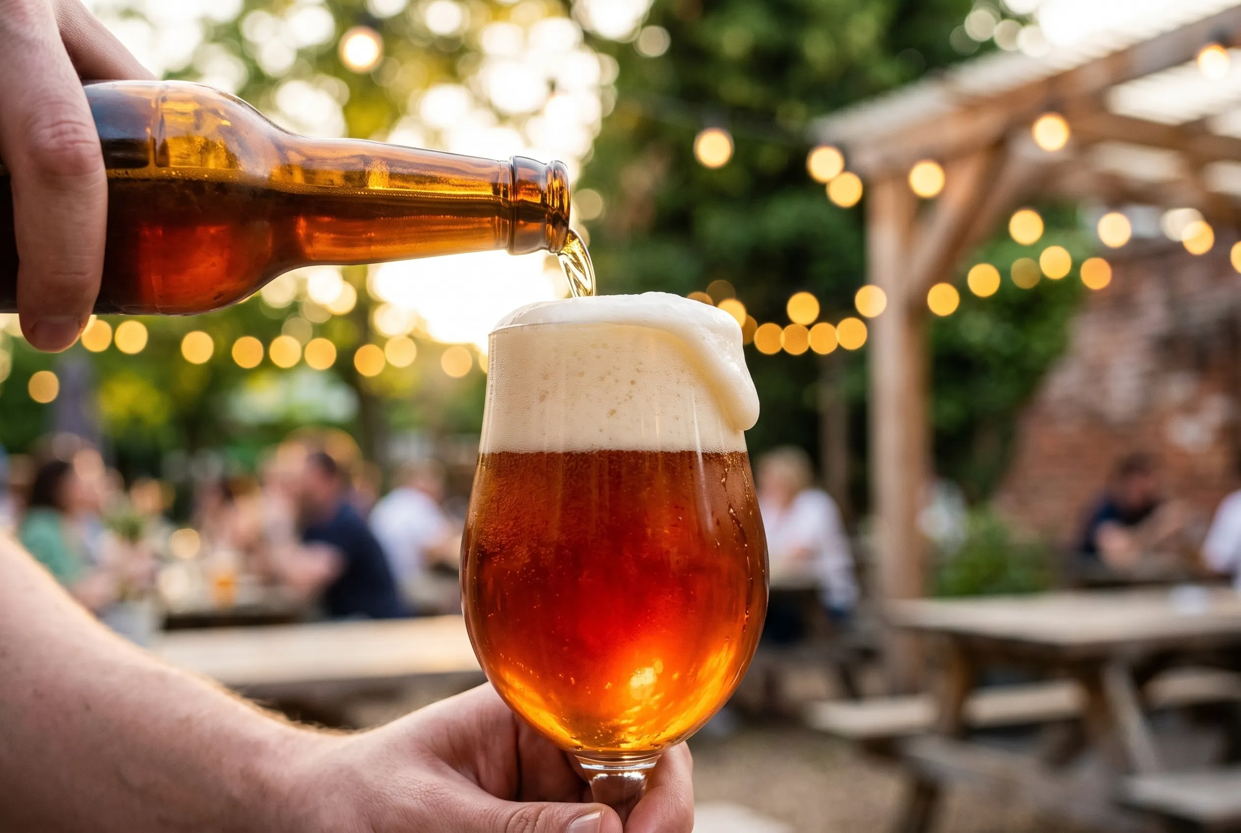 ゴールデンアワーの光の中、グラスにクラフトビールを注ぐシーン