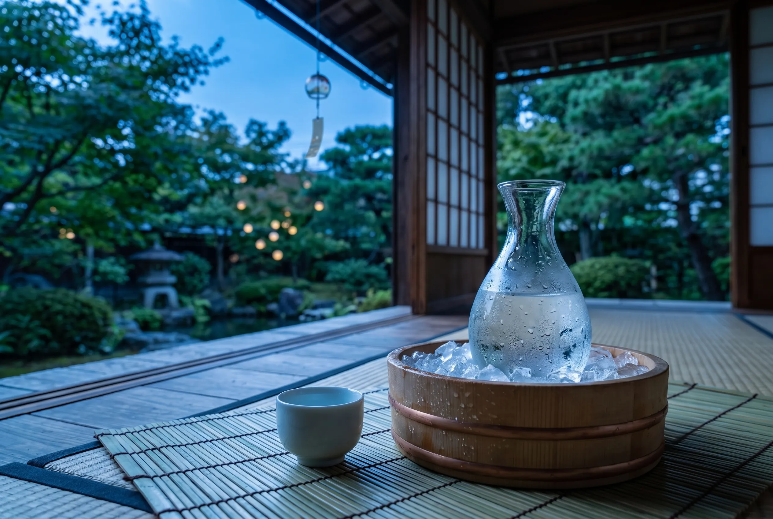 氷で冷やしたガラスの徳利を、涼しい縁側で楽しむ夏の情景