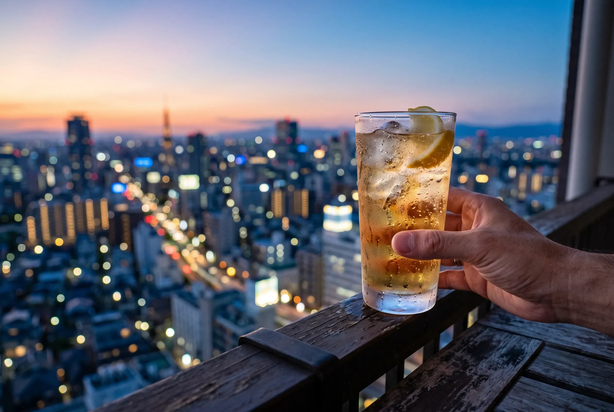 風呂上がりに夕暮れのベランダでハイボールを楽しむ様子