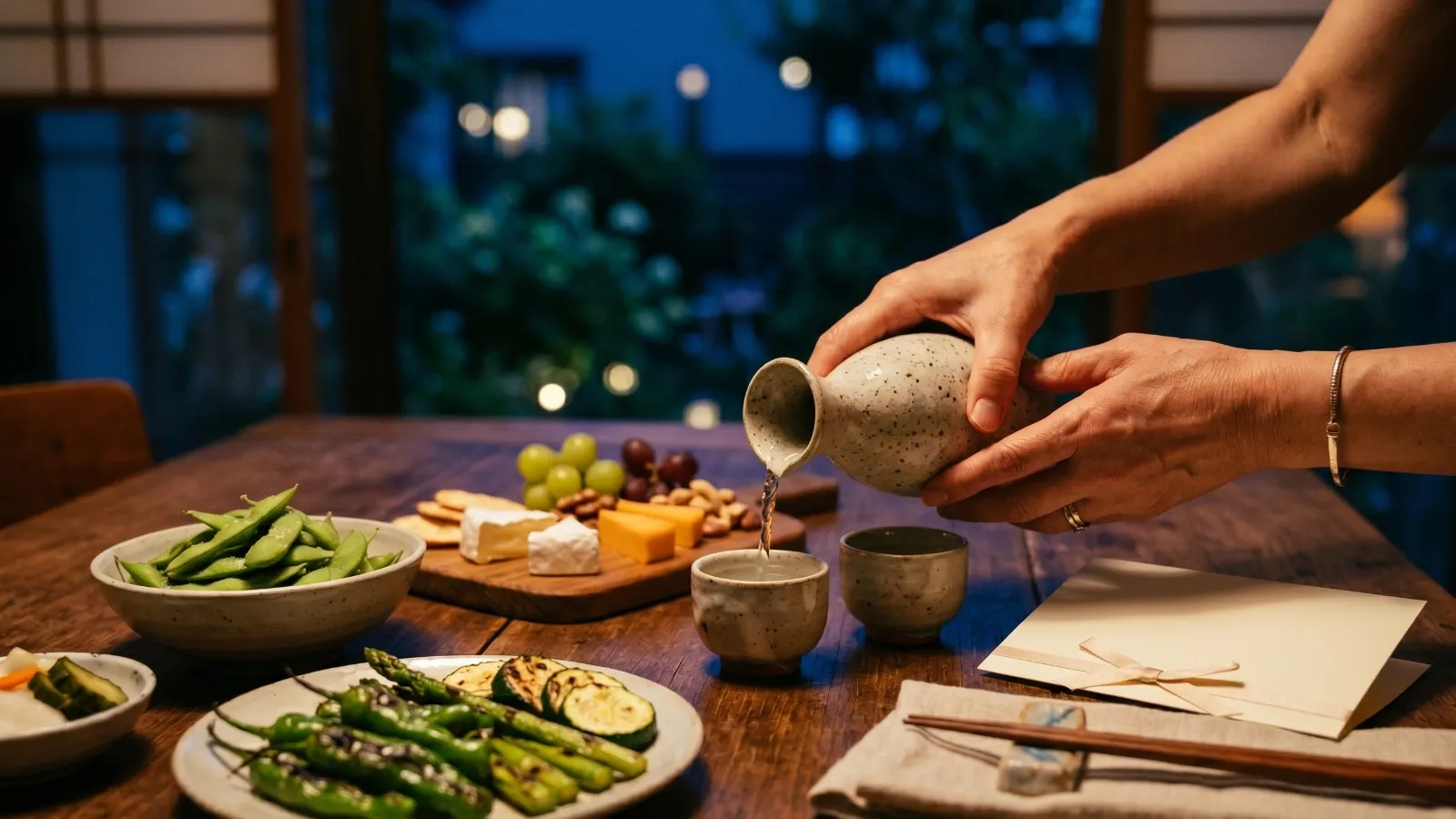 夏の夜の食卓で小さなグラスにお酒を注ぐ誕生日シーン